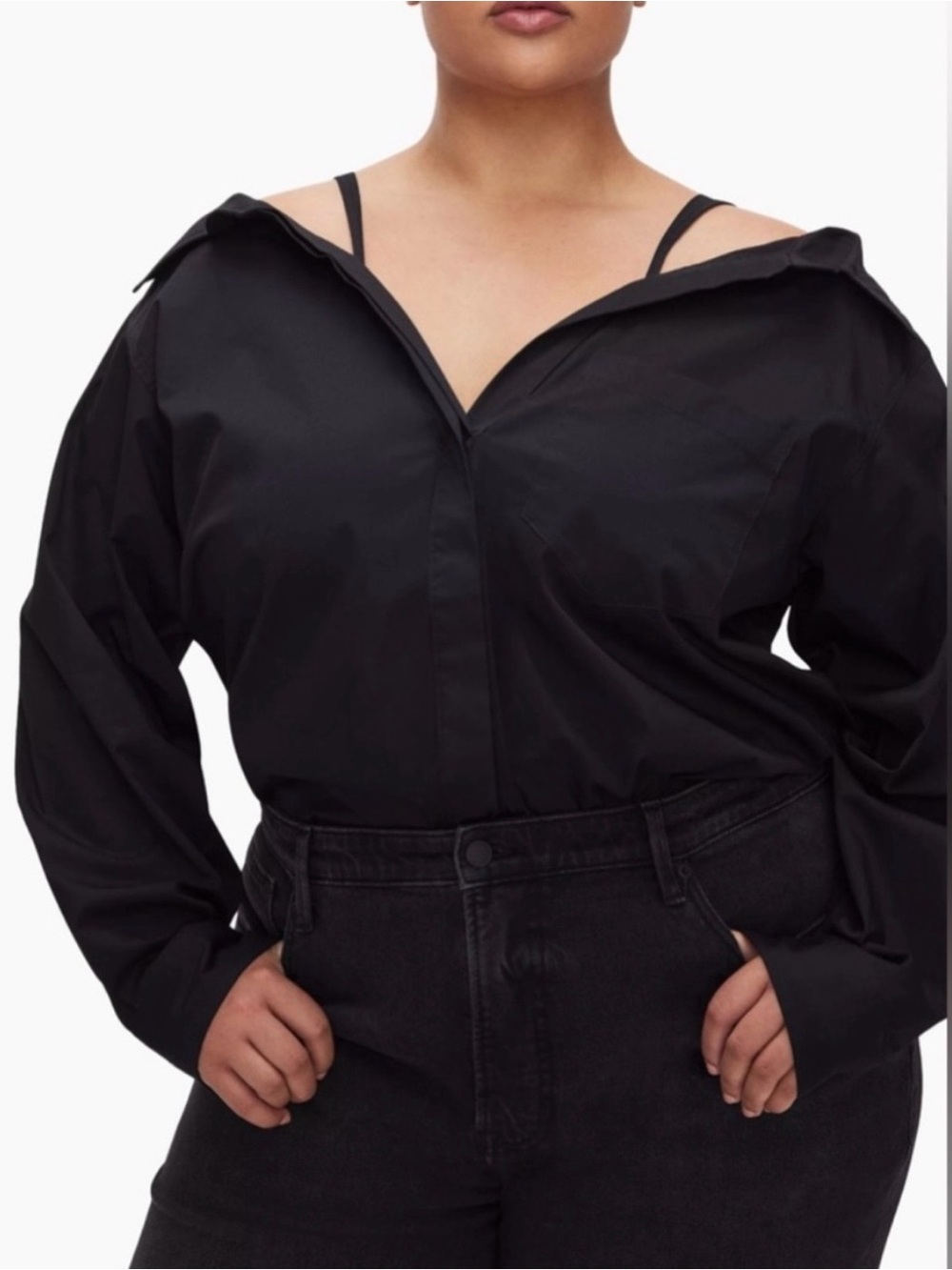 Good American Black Off-Shoulder Button-Front Shirt